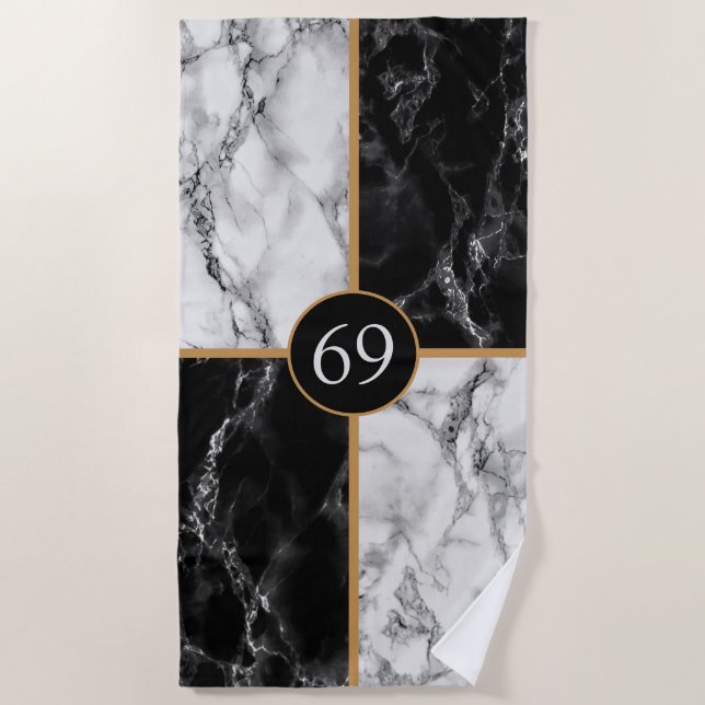 Personalized Black White Marble Beach Towel (Front)