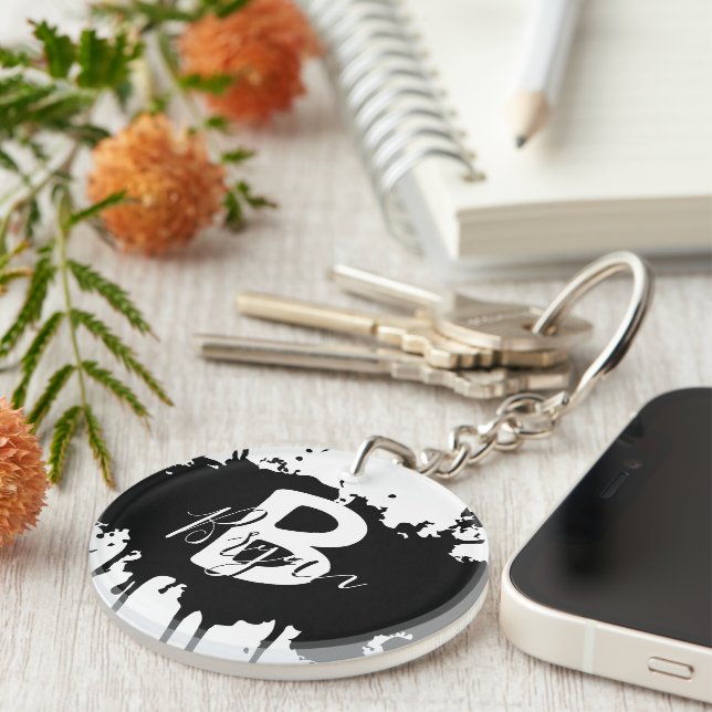 Personalized Black & White Monogram Acrylic Keycha Key Ring (Front Right)
