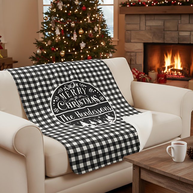 Personalized Black & White Plaid Merry Christmas Sherpa Blanket (Creator Uploaded)