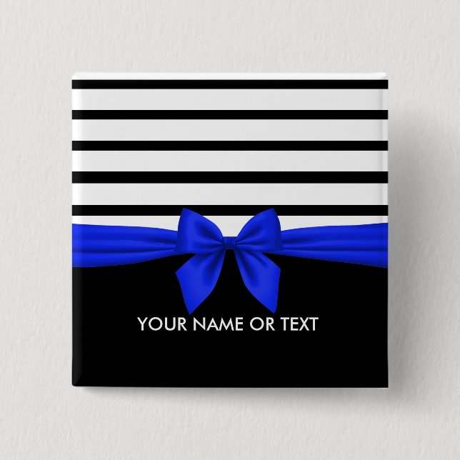 Personalized Black white Stripe Christmas Blue Bow 15 Cm Square Badge (Front)