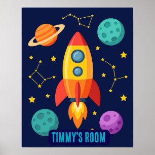 Personalized Blast Off Rocket Ship Space Nursery Poster
