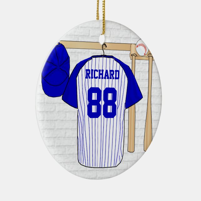 Personalized Blue and White Baseball Jersey Ceramic Tree Decoration (Right)