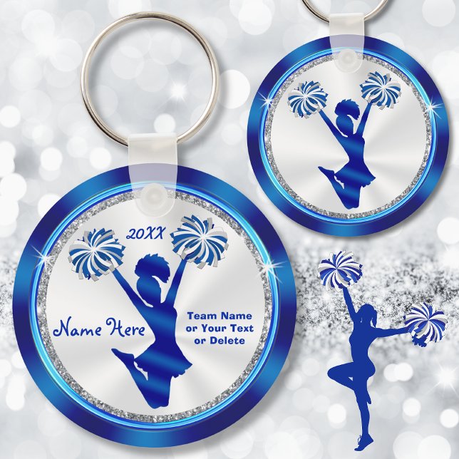 Personalized Blue and White Cheer Gifts under $5 Key Ring (Cheerleading banquet ideas. Cheerleader party Favors. Personalized cheerleading keychains.)