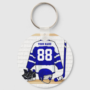 Personalized Blue and White Ice Hockey Jersey Key Ring