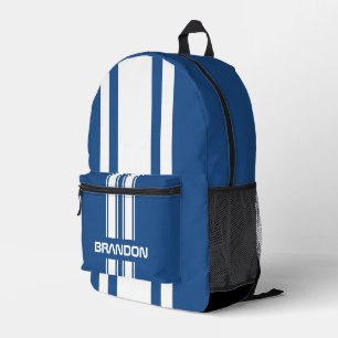 Personalized Blue And White Racing Stripe Printed Backpack