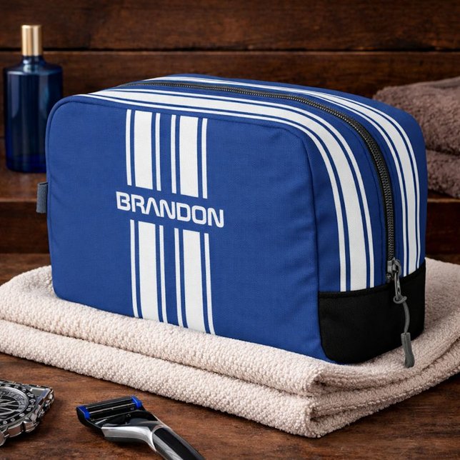 Personalized Blue And White Racing Stripe Travel Dopp Kit (Creator Uploaded)