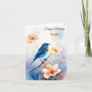 Personalized Blue Bird Flowers Watercolor birthday Card