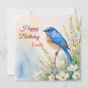 Personalized Blue Bird Flowers Watercolor birthday Card