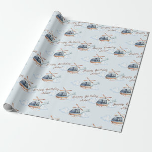 Personalized Blue Birthday Watercolor Helicopter Wrapping Paper