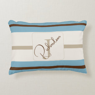 Personalized Blue Brown Stripe Monogram Coastal Decorative Cushion