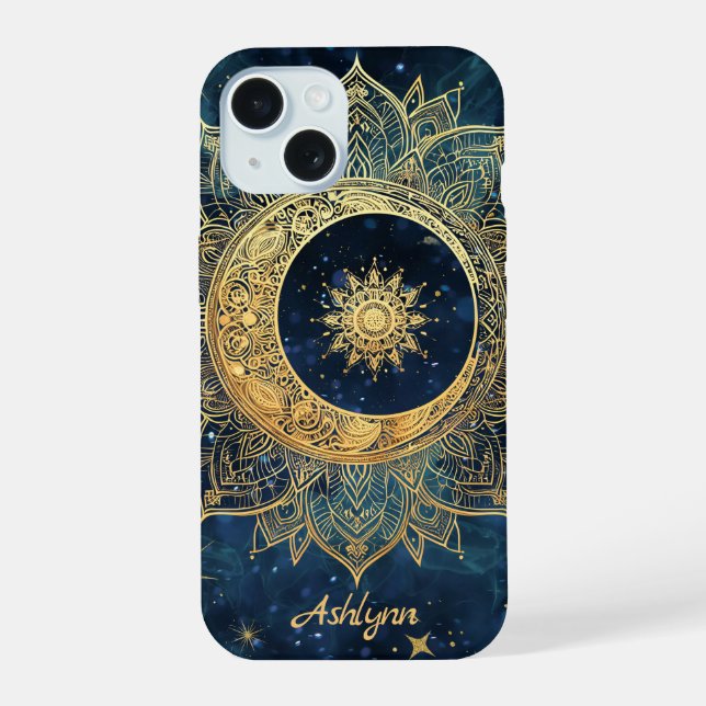 Personalized Blue Celestial Gold Sun Moon Mandala  iPhone 15 Case (Back)