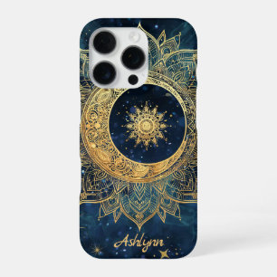Personalized Blue Celestial Gold Sun Moon Mandala iPhone 16 Pro Case