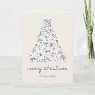 Personalized Blue Christmas Tree Doodle Bow Folded Holiday Card