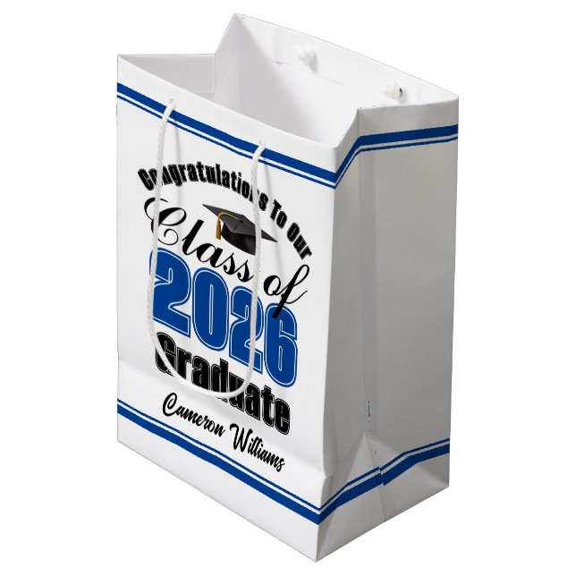 Personalized Blue Class of 2026 Graduation Medium Gift Bag (Front Angled)