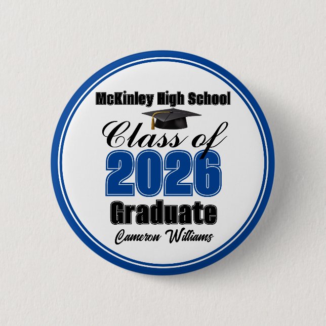 Personalized Blue Class of 2026 Graduation Party 6 Cm Round Badge (Front)