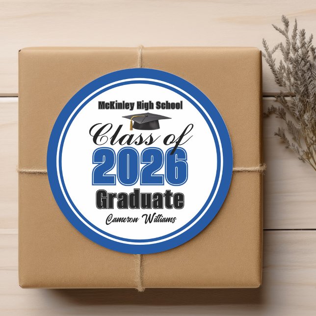 Personalized Blue Class of 2026 Graduation Party Classic Round Sticker (Creator Uploaded)