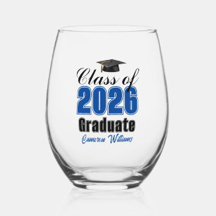 Personalized Blue Class of 2026 Graduation Stemless Wine Glass