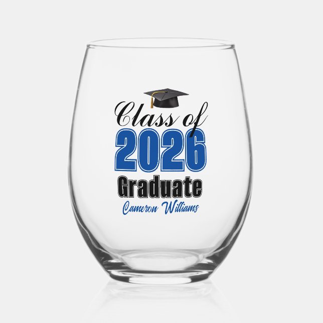 Personalized Blue Class of 2026 Graduation Stemless Wine Glass (Front)