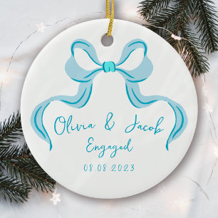 Personalized Blue Coquette Bow Photo Engaged Ceramic Tree Decoration