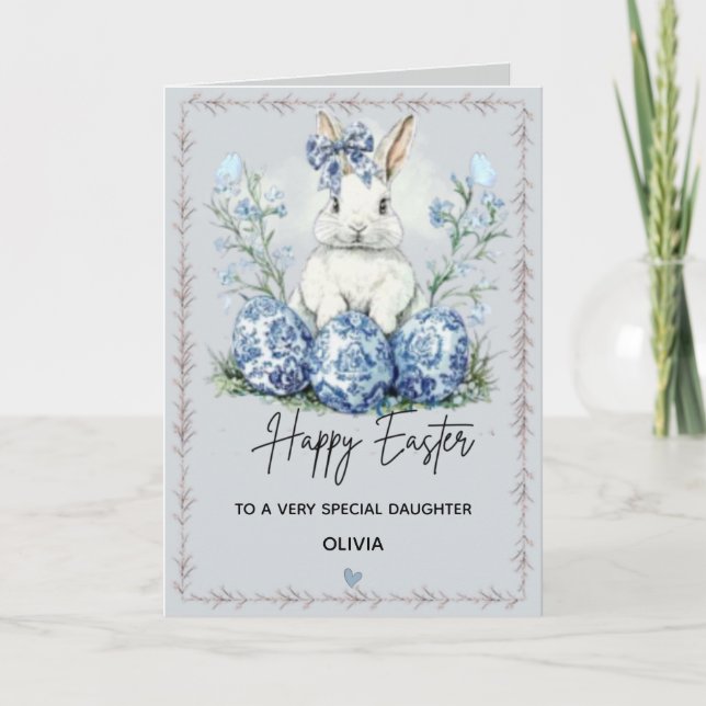 Personalized Blue Easter Bunny Greeting Card (Front)