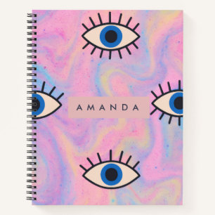 Personalized Blue Evil Eye Pop Art on Pastel Swirl Notebook