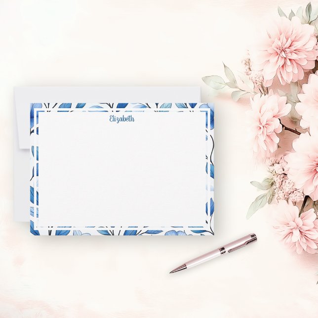 Personalized Blue Floral Flat Note Card (Creator Uploaded)