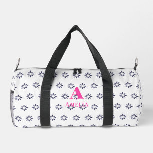 Personalized Blue Floral Pink Monogram Name Duffle Bag