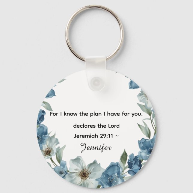 Personalized blue flower Bible Scripture jeremiah  Key Ring (Front)