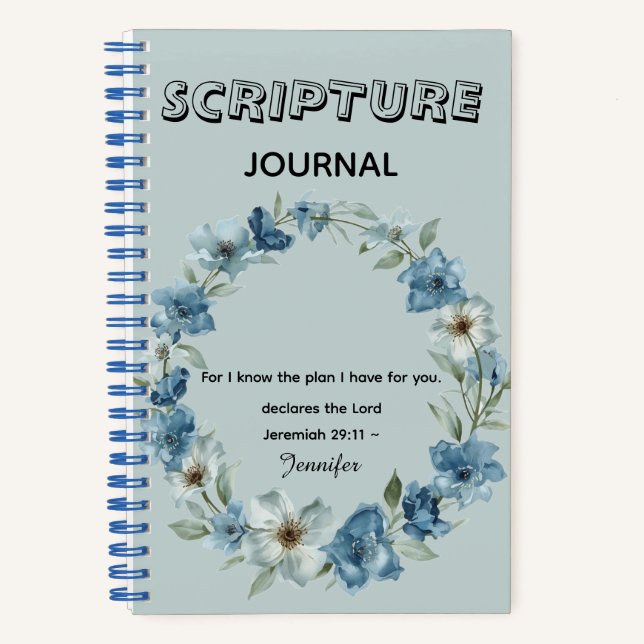 Personalized blue flower Bible Scripture jeremiah  Notebook (Front)