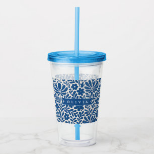 Personalized Blue Folk Floral Nordic Custom Acrylic Tumbler