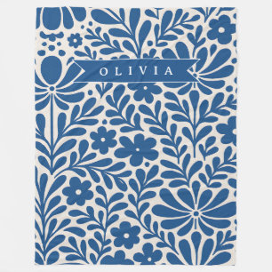Personalized Blue Folk Floral Nordic Custom Fleece Blanket