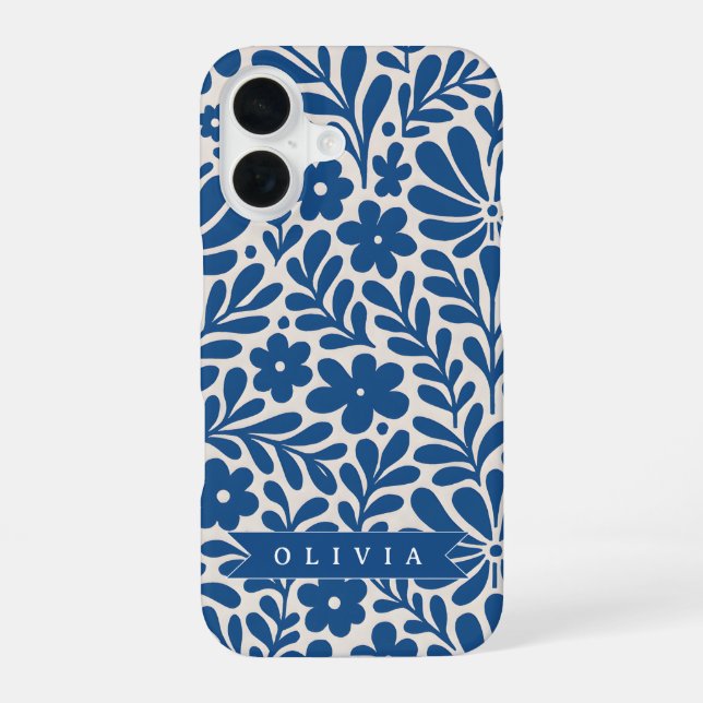 Personalized Blue Folk Floral Nordic Custom iPhone 16 Case (Back)