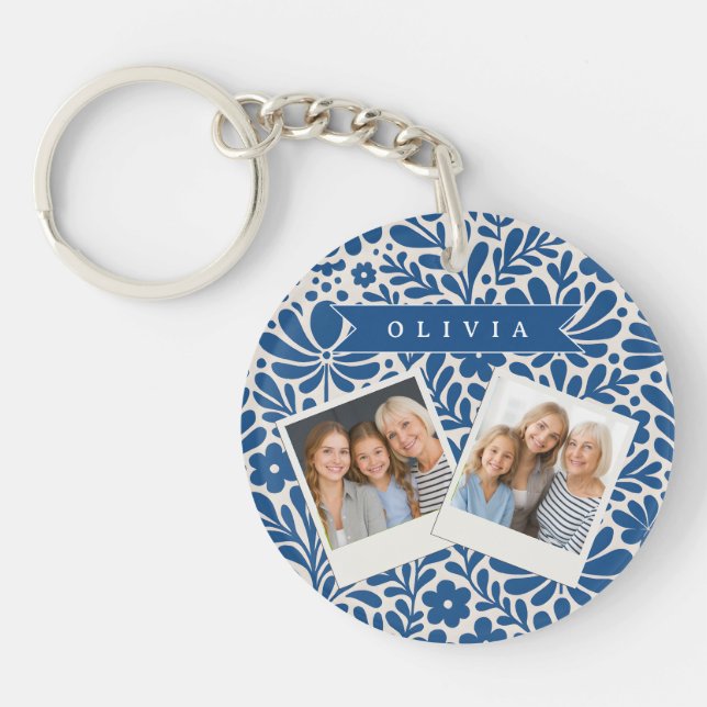Personalized Blue Folk Floral Nordic Custom Key Ring (Front)