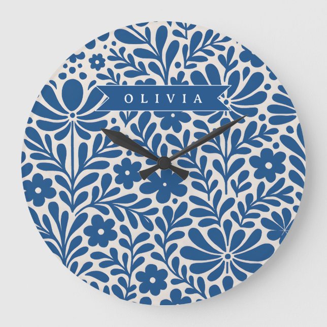 Personalized Blue Folk Floral Nordic Custom Large Clock (Front)