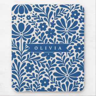 Personalized Blue Folk Floral Nordic Custom Mouse Mat