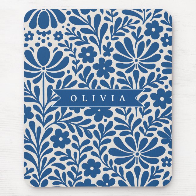 Personalized Blue Folk Floral Nordic Custom Mouse Mat (Front)