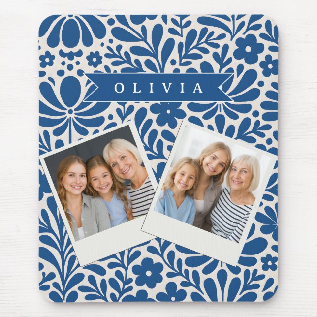 Personalized Blue Folk Floral Nordic Custom Mouse Mat (Front)
