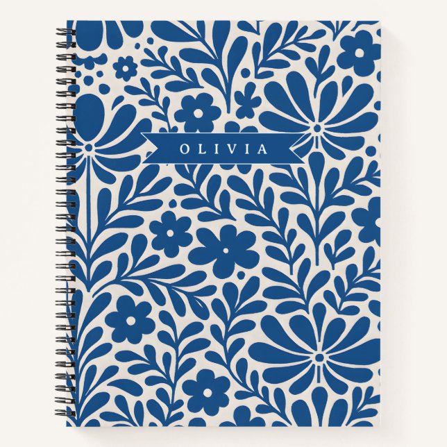 Personalized Blue Folk Floral Nordic Custom Notebook (Front)