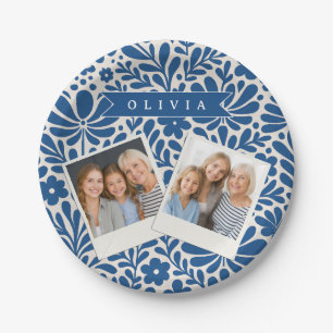Personalized Blue Folk Floral Nordic Custom Paper Plate