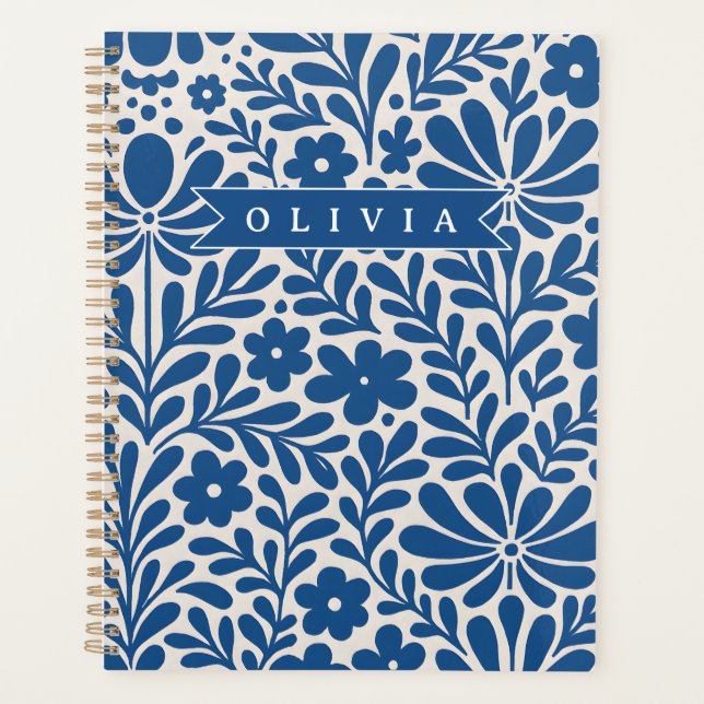 Personalized Blue Folk Floral Nordic Custom Planner (Front)
