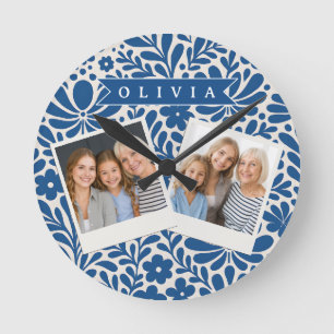 Personalized Blue Folk Floral Nordic Custom Round Clock