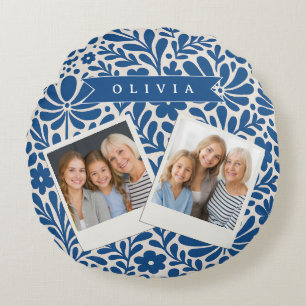 Personalized Blue Folk Floral Nordic Custom Round Cushion
