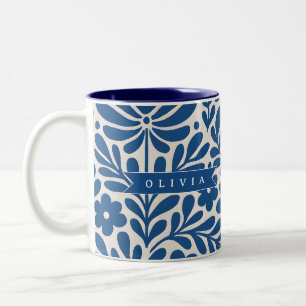 Personalized Blue Folk Floral Nordic Custom Two-Tone Coffee Mug