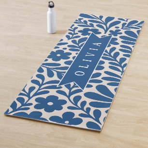 Personalized Blue Folk Floral Nordic Custom Yoga Mat