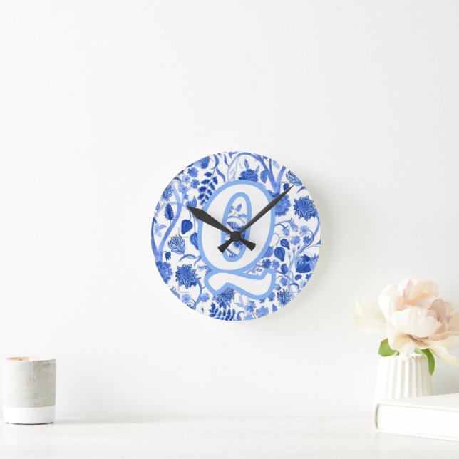 Personalized Blue French Toile Q Round Clock (Home)