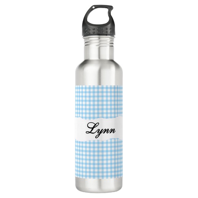 Personalized Blue Gingham Pattern & Custom Name 710 Ml Water Bottle (Front)