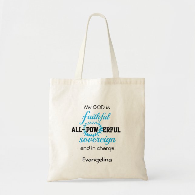 Personalized Blue GOD IS FAITHFUL Christian Tote Bag (Front)