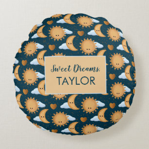 Personalized Blue Gold Sun Moon Sweet Dreams Name Round Cushion