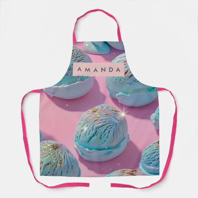 Personalized Blue Ice Cream Glitter Pattern Apron (Front)