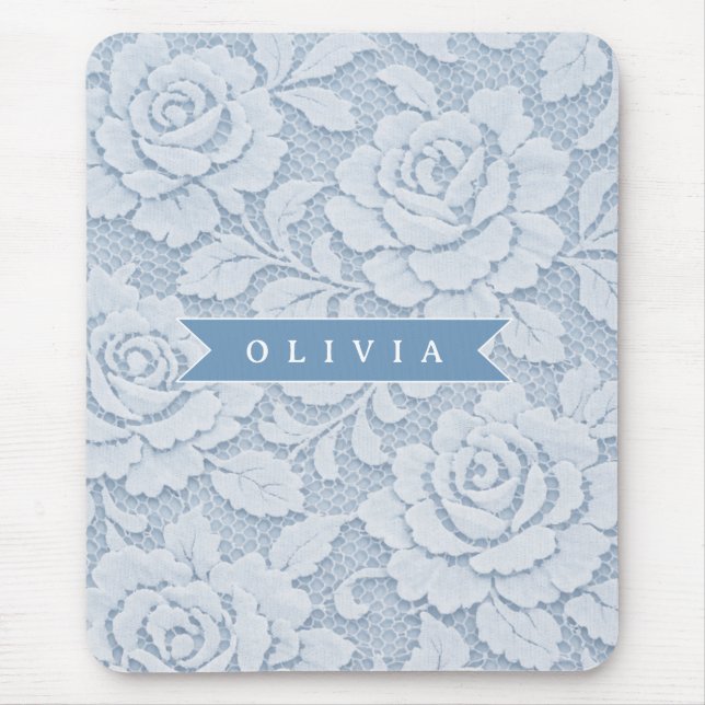 Personalized Blue Lace Floral Elegant Romantic Mouse Mat (Front)